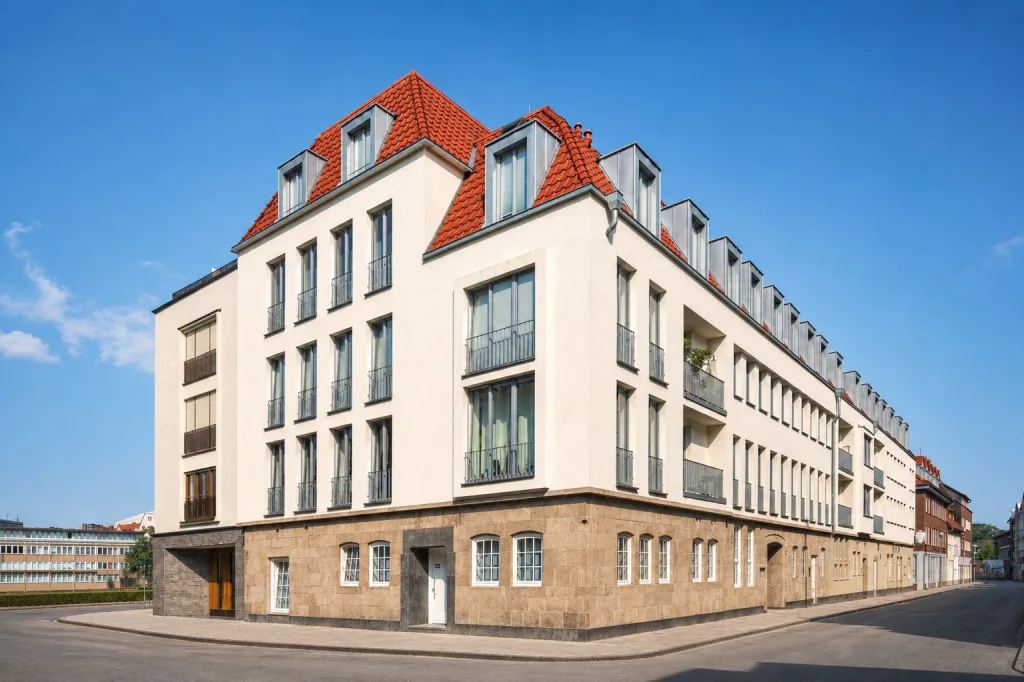 Das Boardinghouse Münster von außen: heller Eckbau mit rotem Ziegeldach und Natursteinsockel