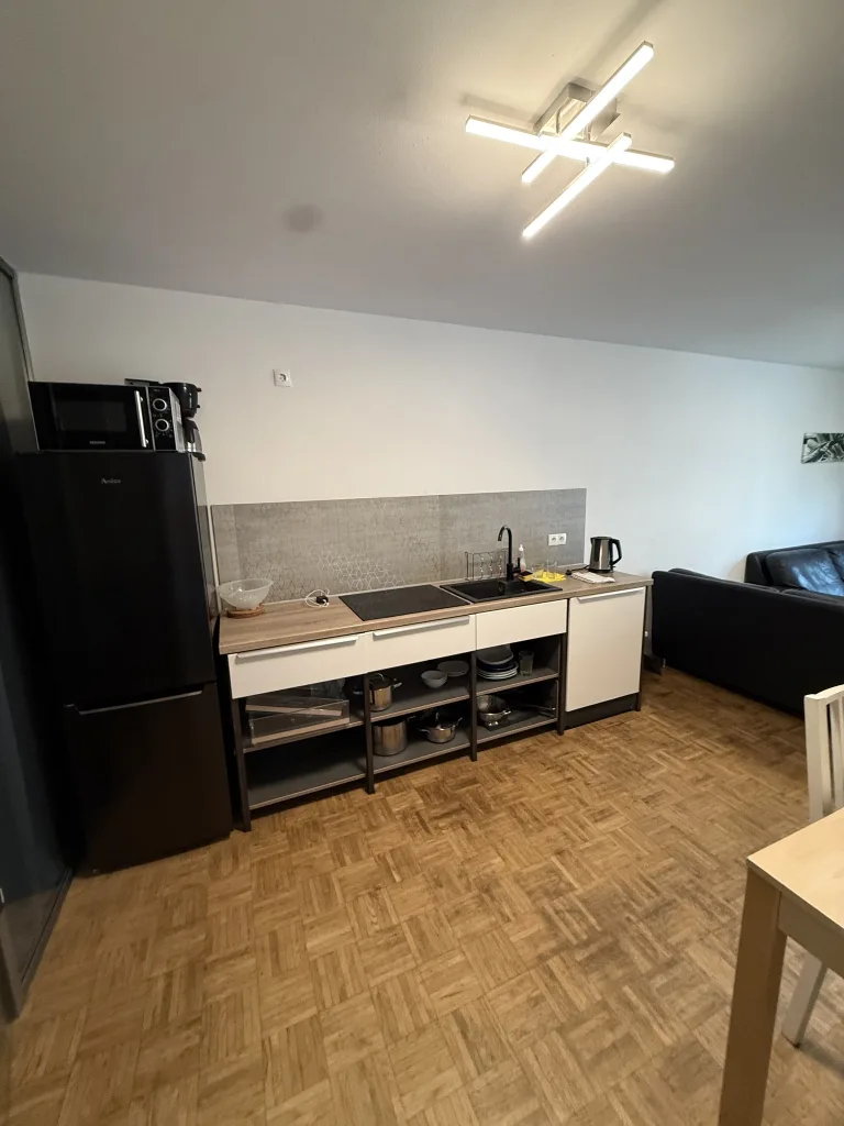 Küchenzeile der Wohnung 2 mit Kühlschrank, Wasserkocher und offenen Regalen