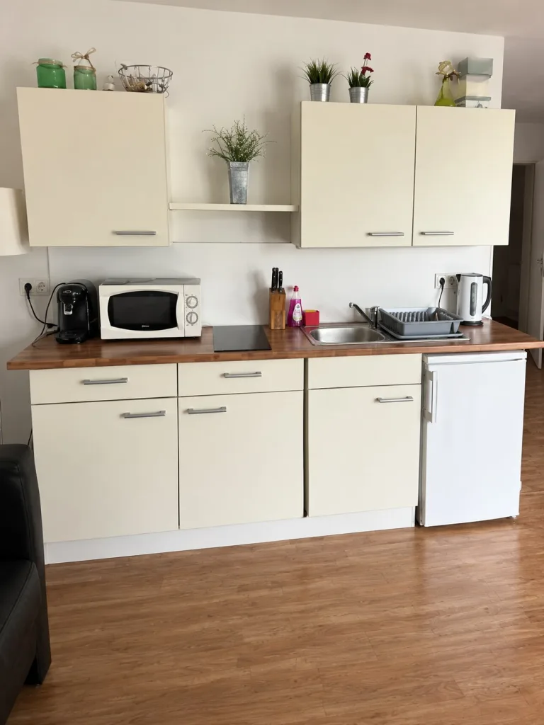 Küchenzeile der Wohnung 6 mit Mikrowelle, Kaffeemaschine, Wasserkocher und Kühlschrank