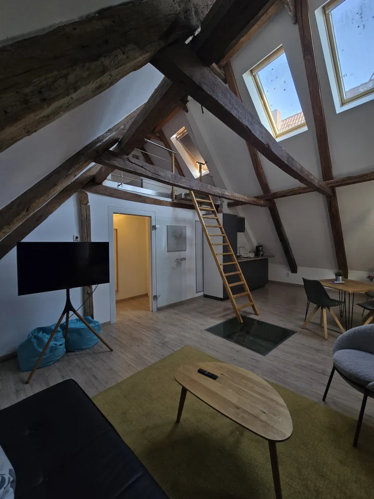 Wohnbereich der Giebelkoje mit Fernseher, Esstisch und Leiter zur Schlafkoje
