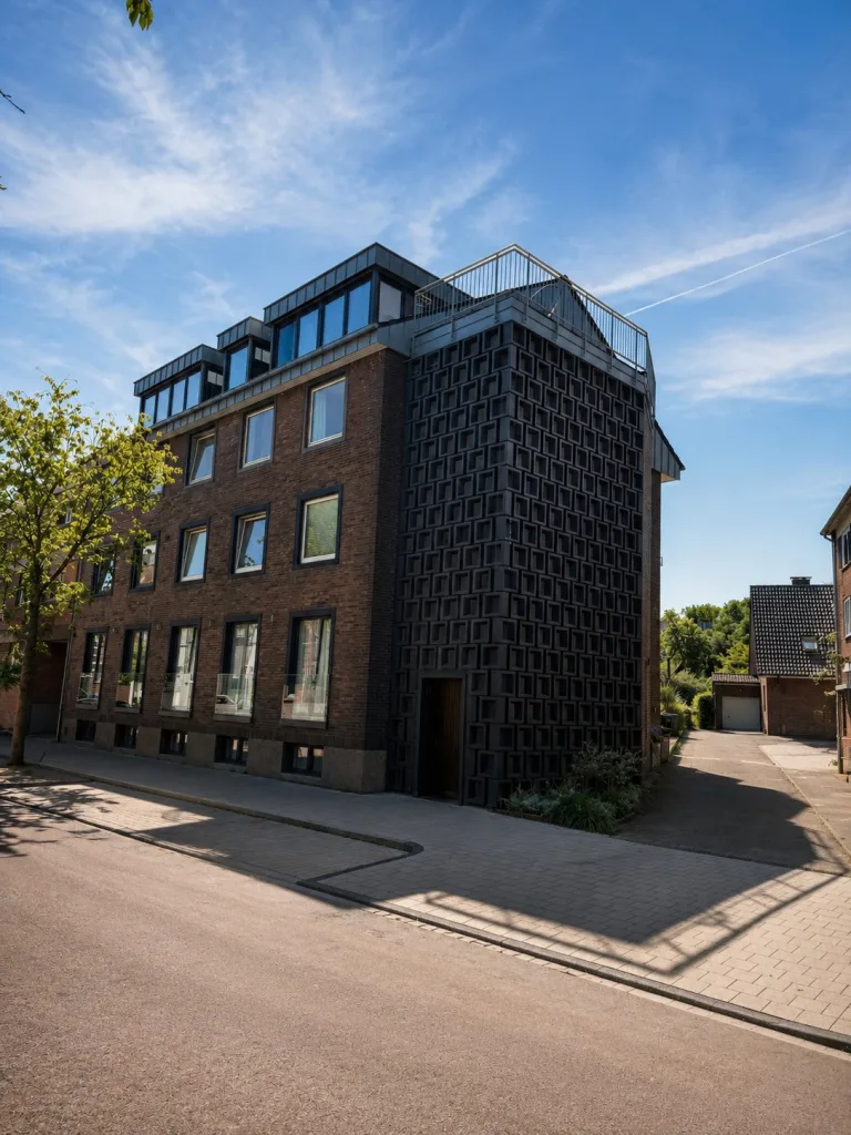 Die Stadtheimat29 von außen: Backsteinbau mit gemusterter Fassade und Dachterrasse