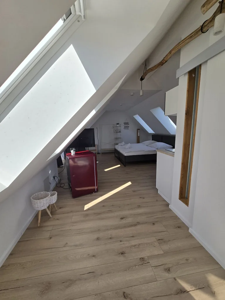 Wohnraum des Münsternests mit Dachschräge und Kühlschrank
