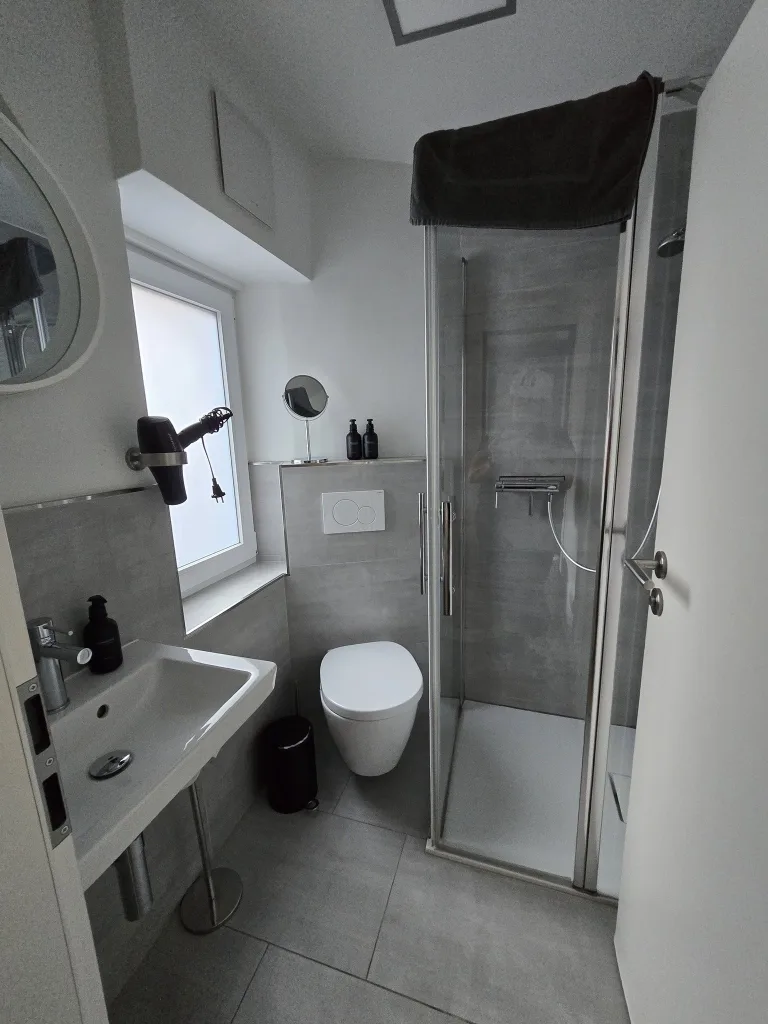 Badezimmer des Viertelnests mit Waschbecken, WC und Dusche