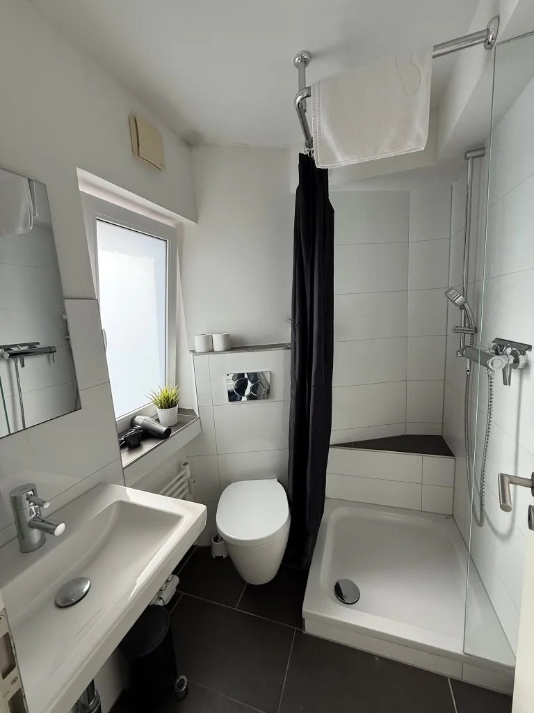 Badezimmer der Wohnung 2.3 mit Waschbecken, WC und Dusche